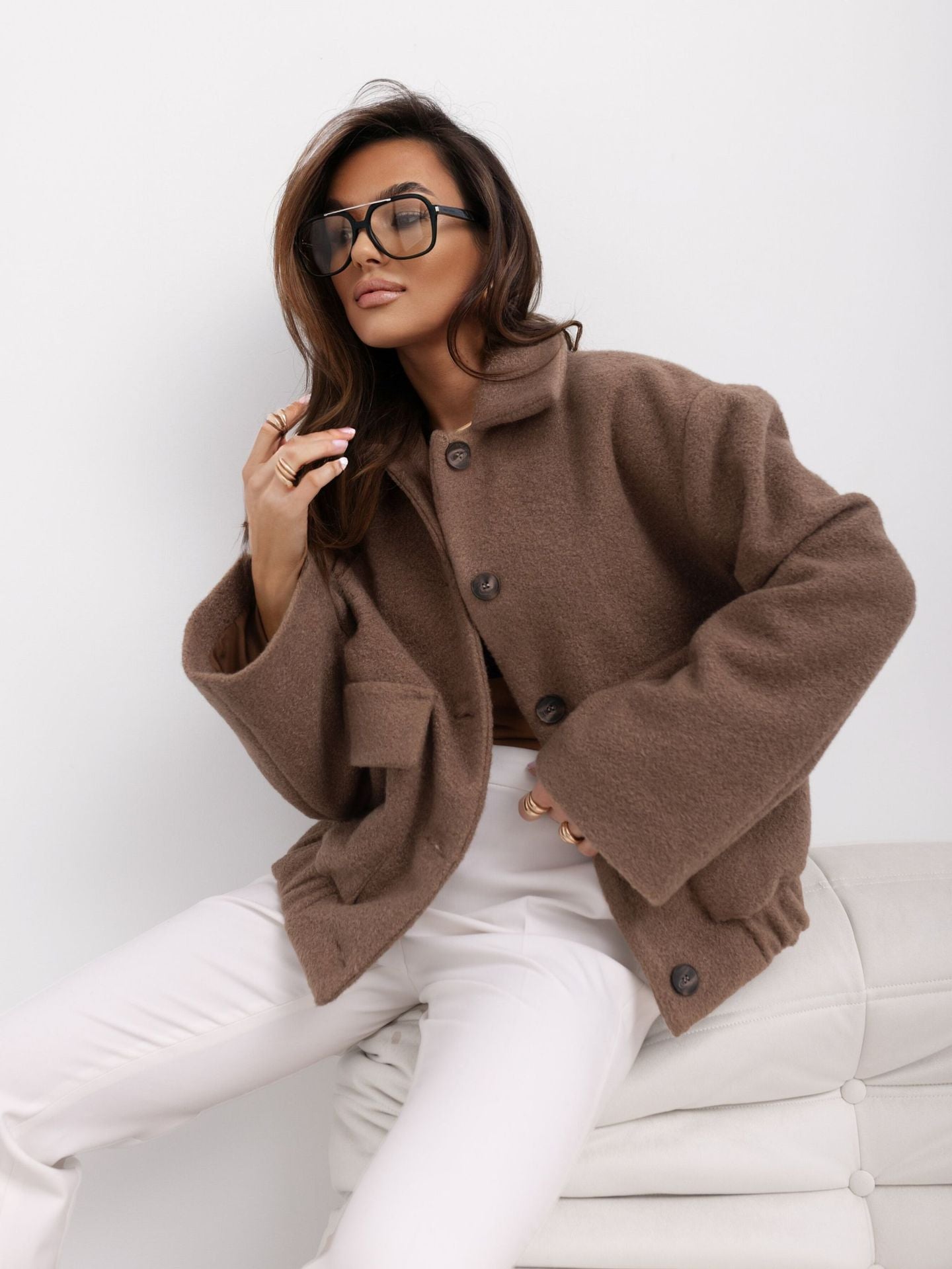 Women's Fashion Solid Color Pocket Breasted Woolen Coats