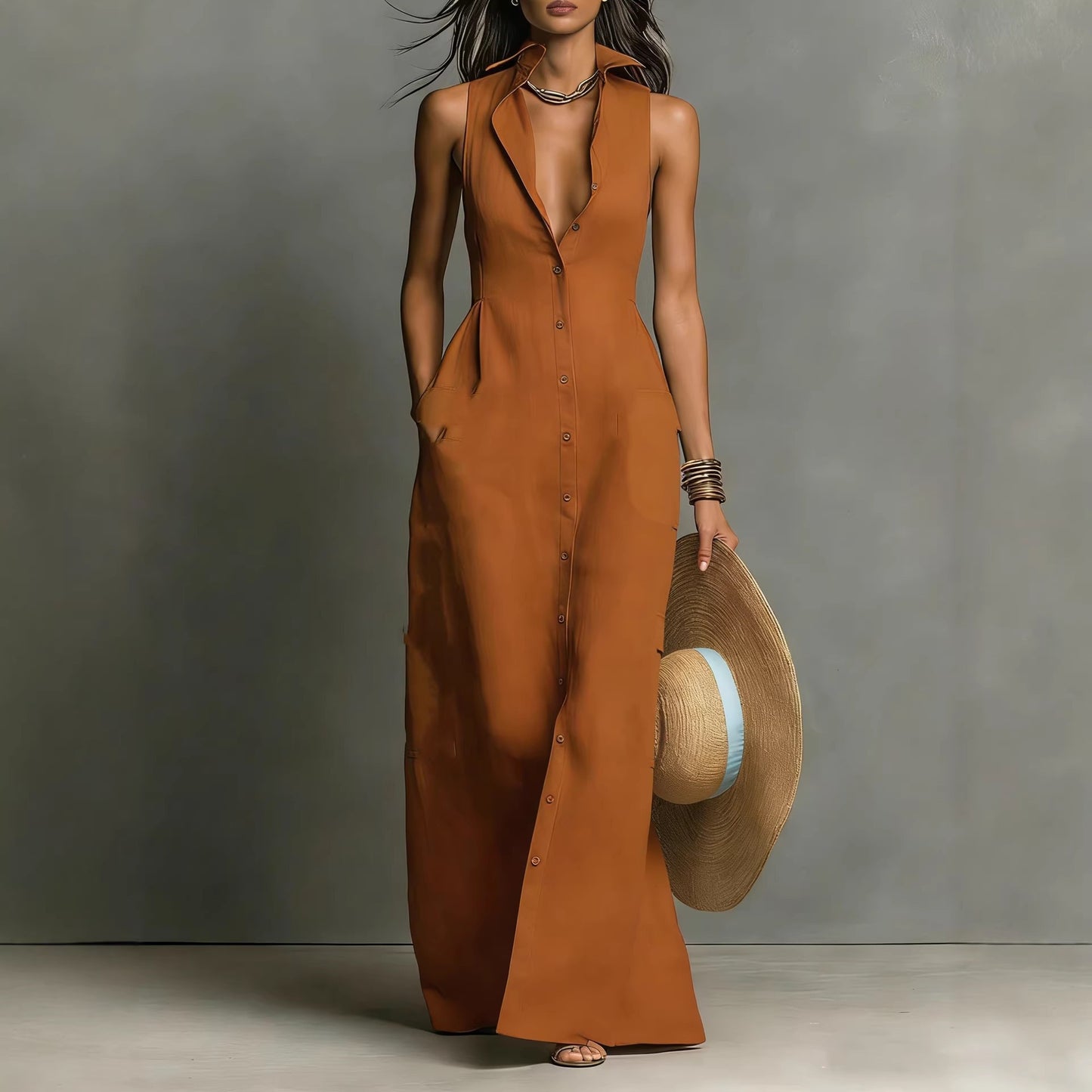 Classic Casual Summer Breasted Sleeveless Collar Dress