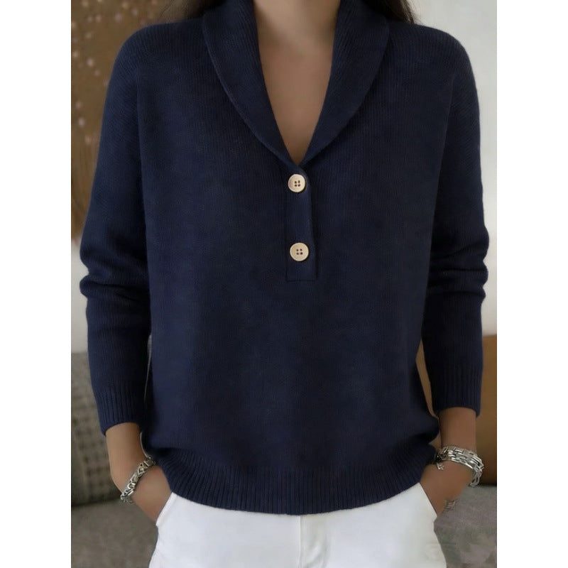 Women's Button Solid Color Collar Casual Fashion Sweater
