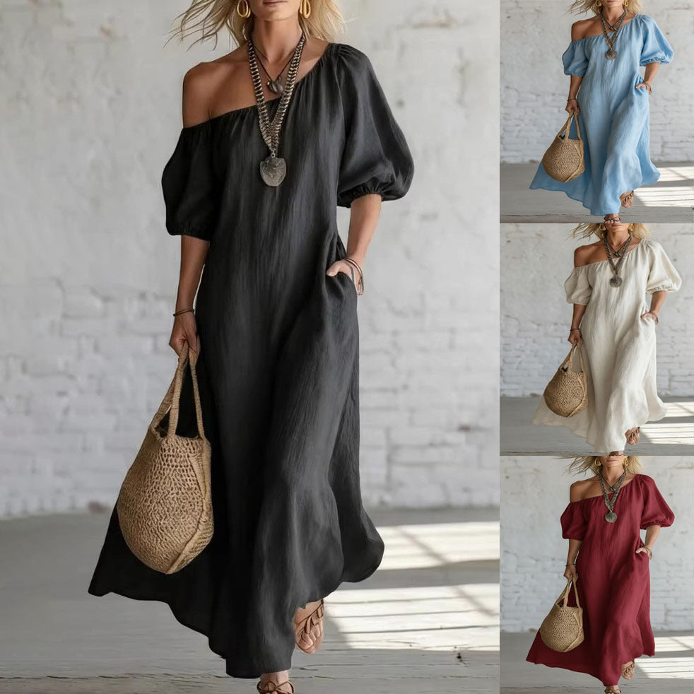 Women's Color Loose Shoulder High-grade Retro Long Cotton Dress