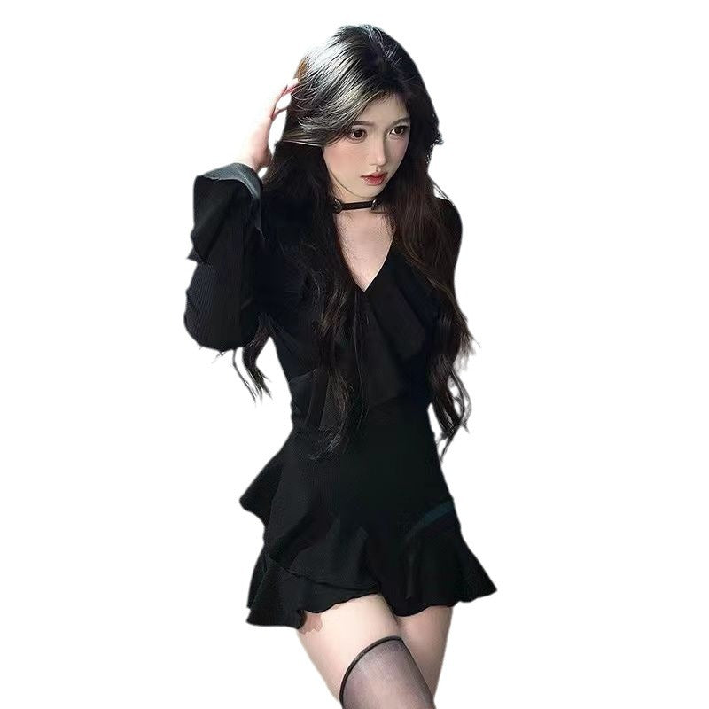 Women's Black Ruffled Flared Sleeves Long Inner Wear Elegant Dress