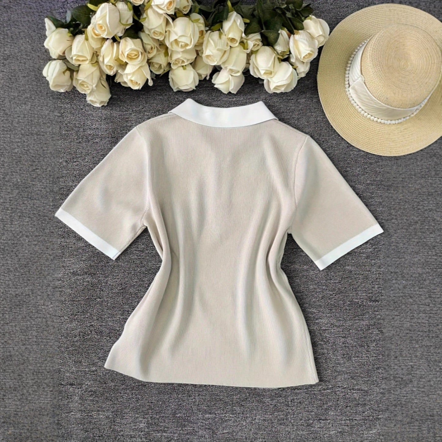 Casual Polo Collar Knitted Short-sleeved Shirt Zipper Color Women's Sweater