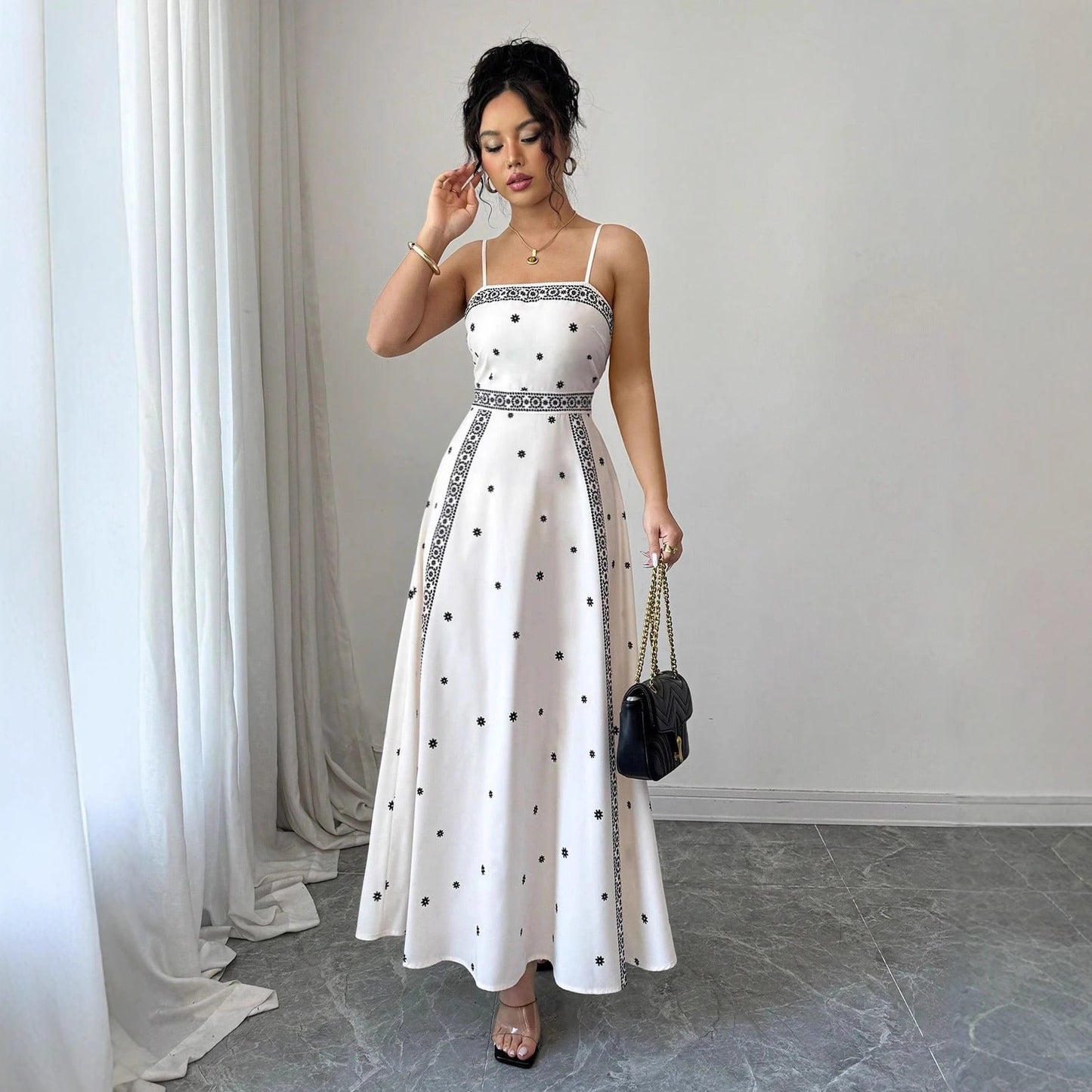Women's Elegant Sling White Printing Long Dress