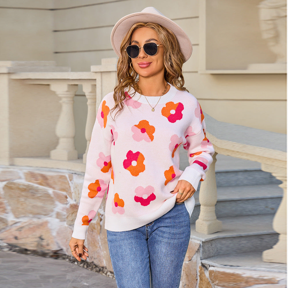 Women's Large Flower Color Matching Long Sleeve Round Neck Fashion Sweaters
