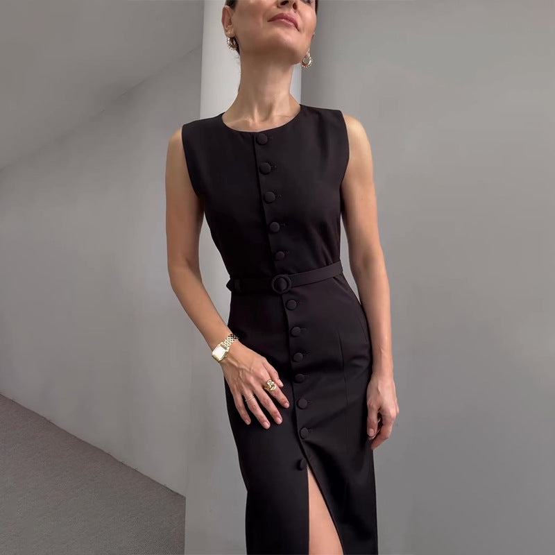 Solid Color Round Neck Sleeveless Split Dresses