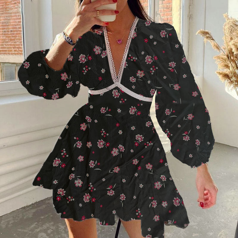 Women's Spring Sweet Printed Lace Long Sleeve Dresses