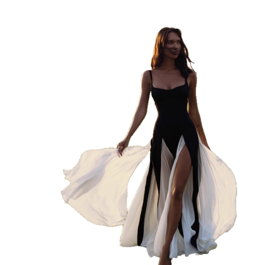 Contrast Color Slit Dress Sexy Waist Dresses