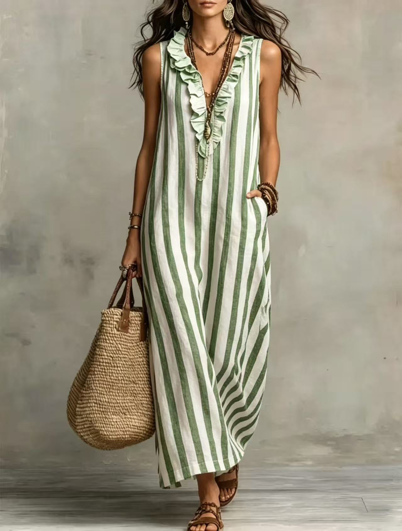 Summer Bohemian Style Vertical Stripes Ruffled Dress