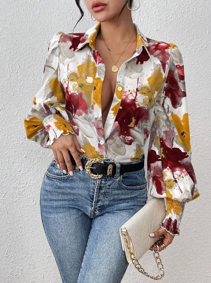 Women's Lapel Bubble Long Sleeve Loose Printed Blouses
