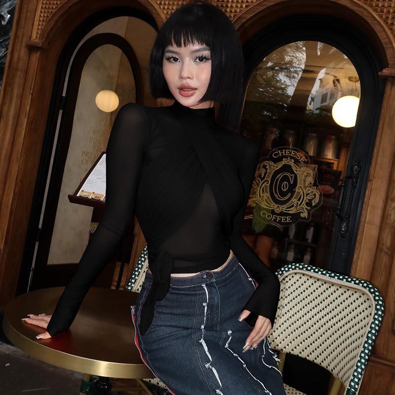 Women's Fashion Sexy Tight Long Sleeve Tied Stitching Blouses