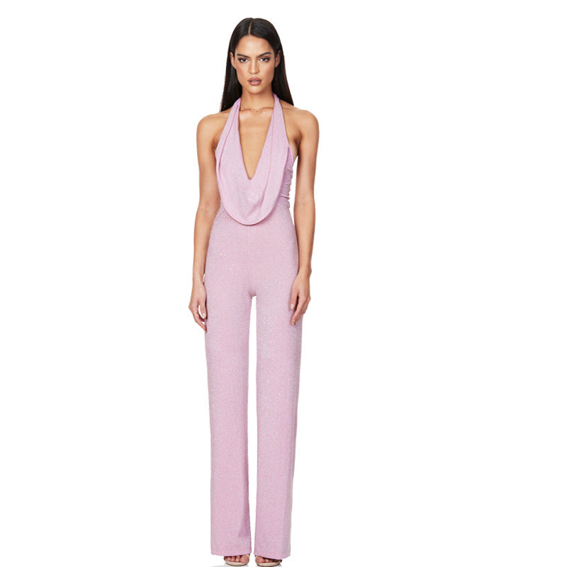 Women's Sleeveless Backless Halter Sier Silk Stretch Suits