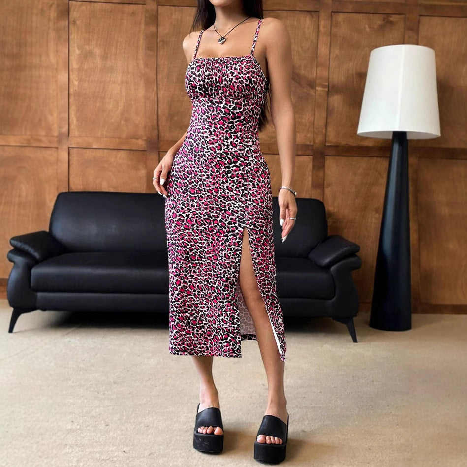 Women's Leopard Print Suspender Sexy Slim Hip High Slit Dress