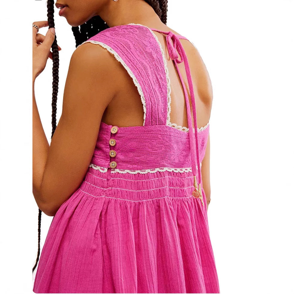 Women's Sleeveless Square Collar Pleated Backless Mini Dresses