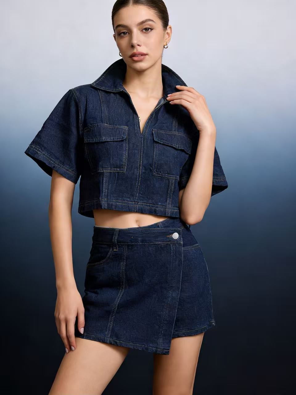 Women's Denim Culottes Summer Short-sleeved Hot High Suits