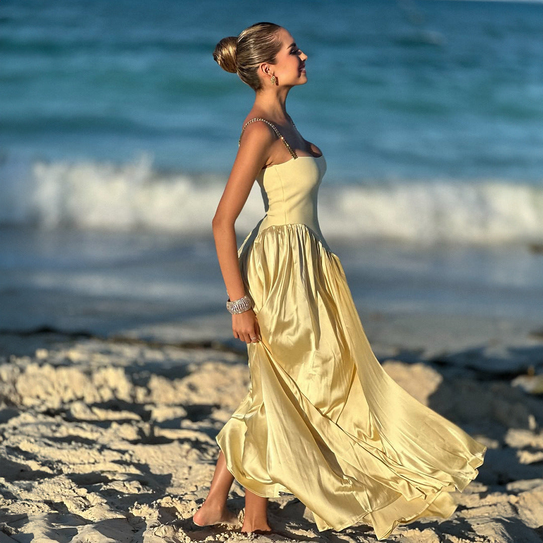 Fashion Crystal Strap Backless Bandage Satin Dresses