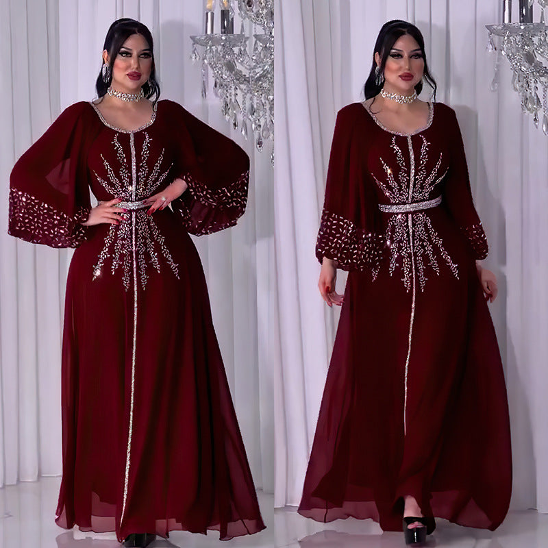 Women's Rhinestone Dress Chiffon Puff Sleeve Containing Dresses