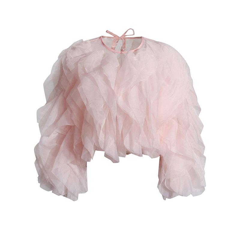 Women's Style Ruffled Patchwork Round Neck Pullover Blouses
