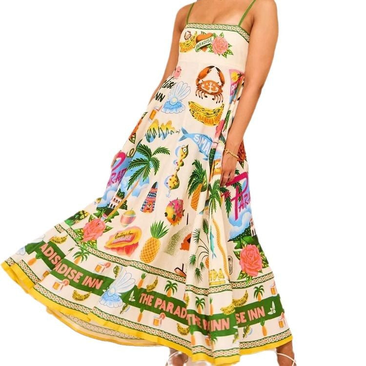 Women's Sexy Strap Iti Linen Printed Large Dress