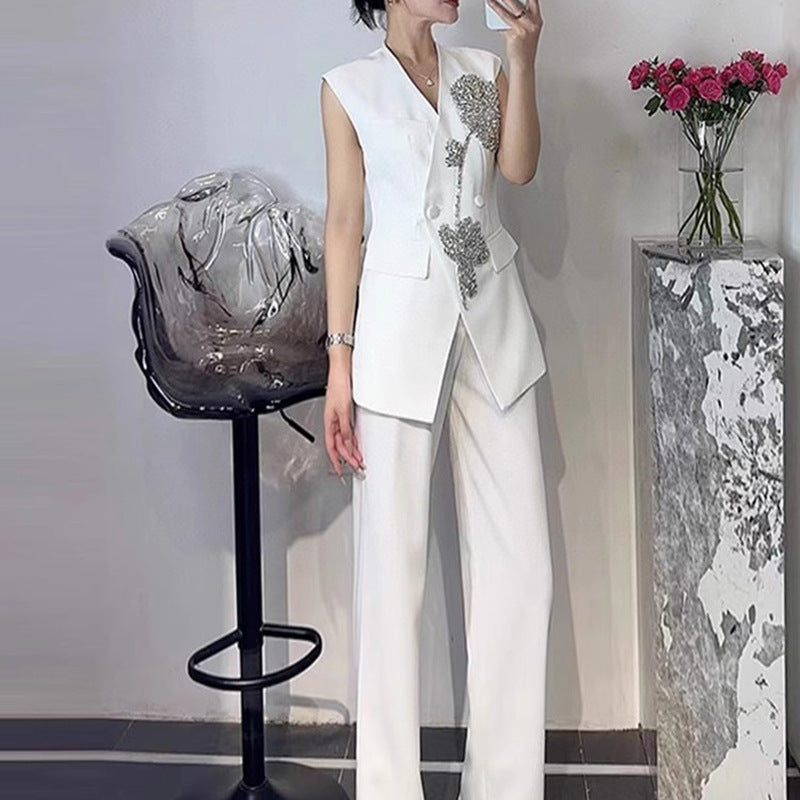Women's Summer Sleeveless Rhinestone Flower High Waist Wide Leg Suits
