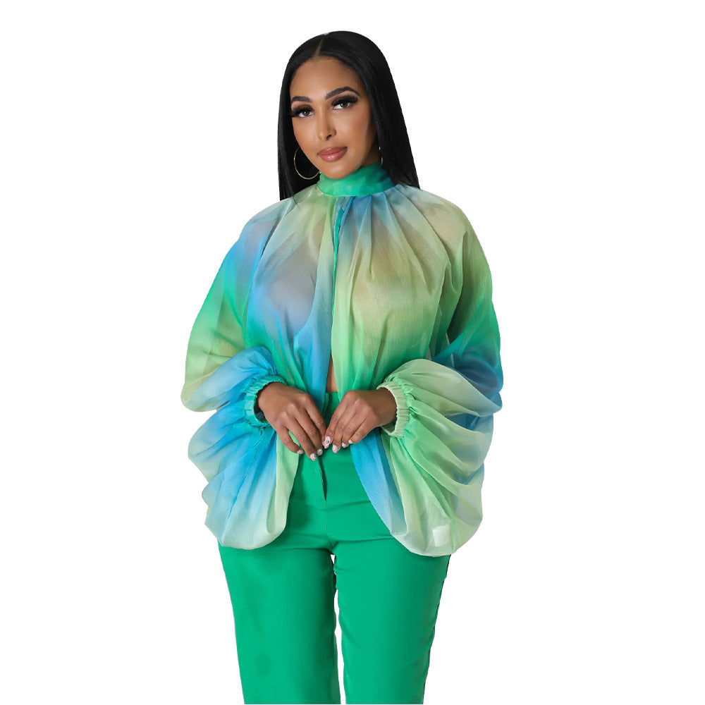 Women's Lace Printing Chiffon Shirt Batwing Sleeve Blouses