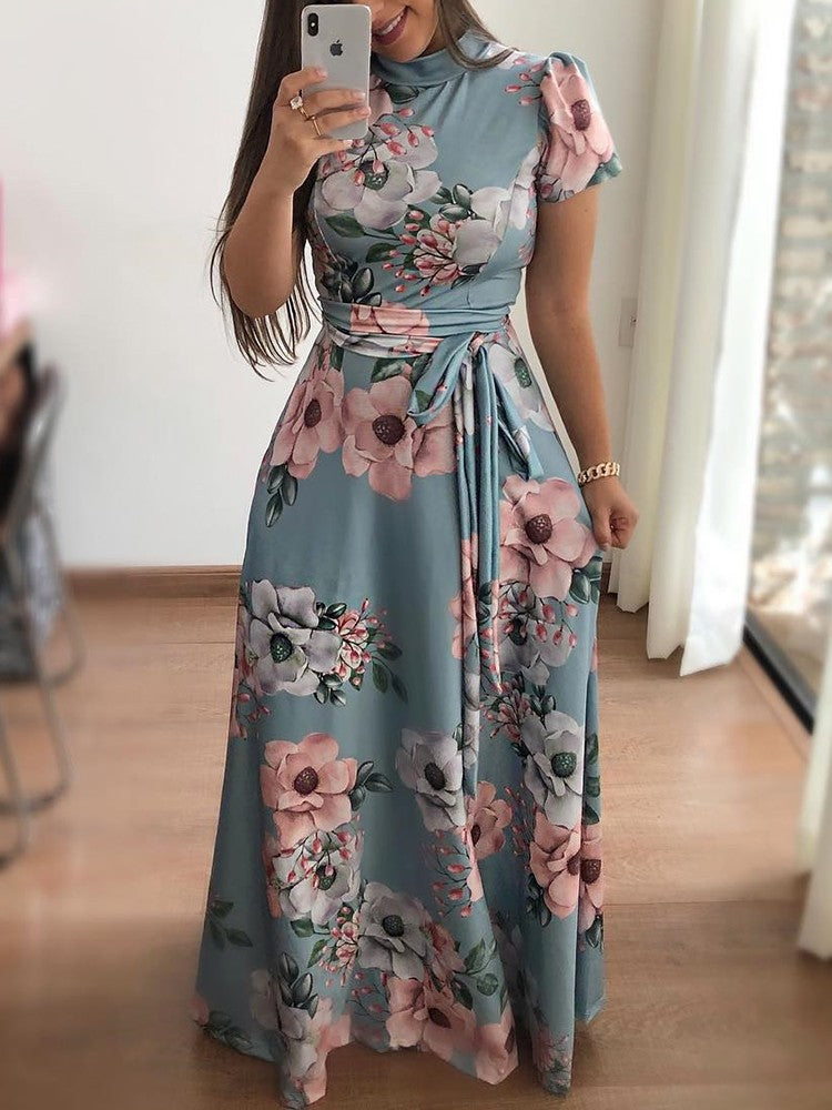 Women's Autumn Flower Print Sleeve Large Swing Dress