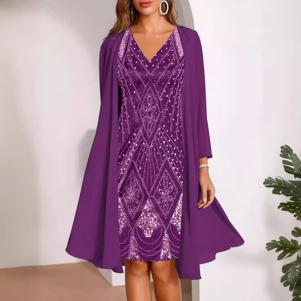 Chiffon Two-piece Long Digital Printed Sleeve Dress