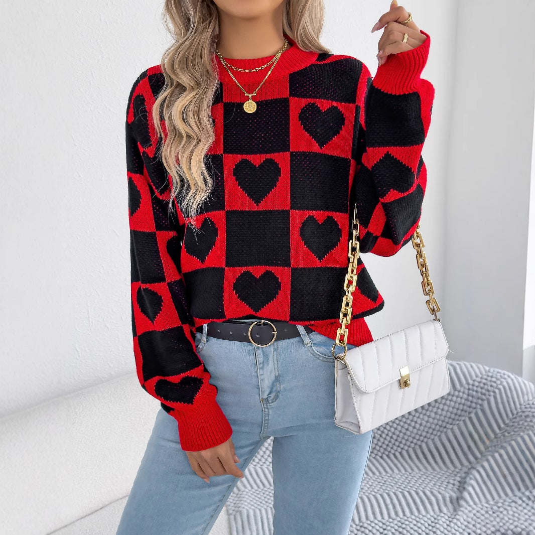 Women's Check Love Lantern Sleeve Pullover Valentine's Sweater