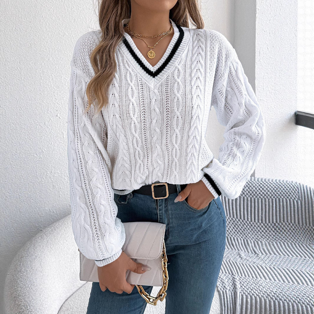 Women's College Style V Neck Twist Lantern Long Sweater