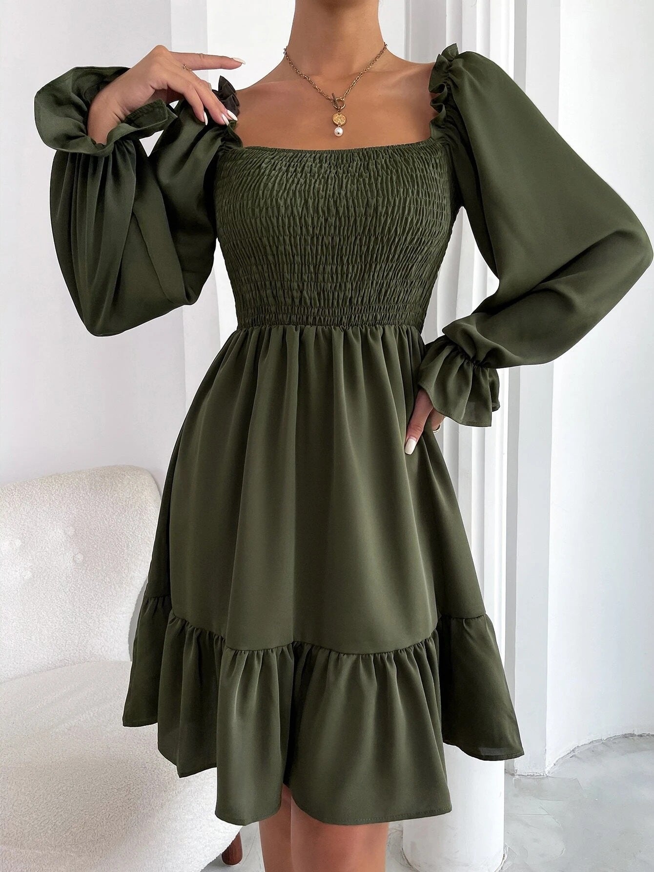 French Simplicity Square Collar Parallel Ruffled Dresses