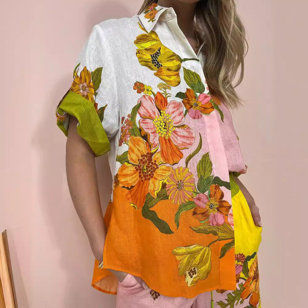 Casual Printed Cotton Linen Two-piece Outfit Suits