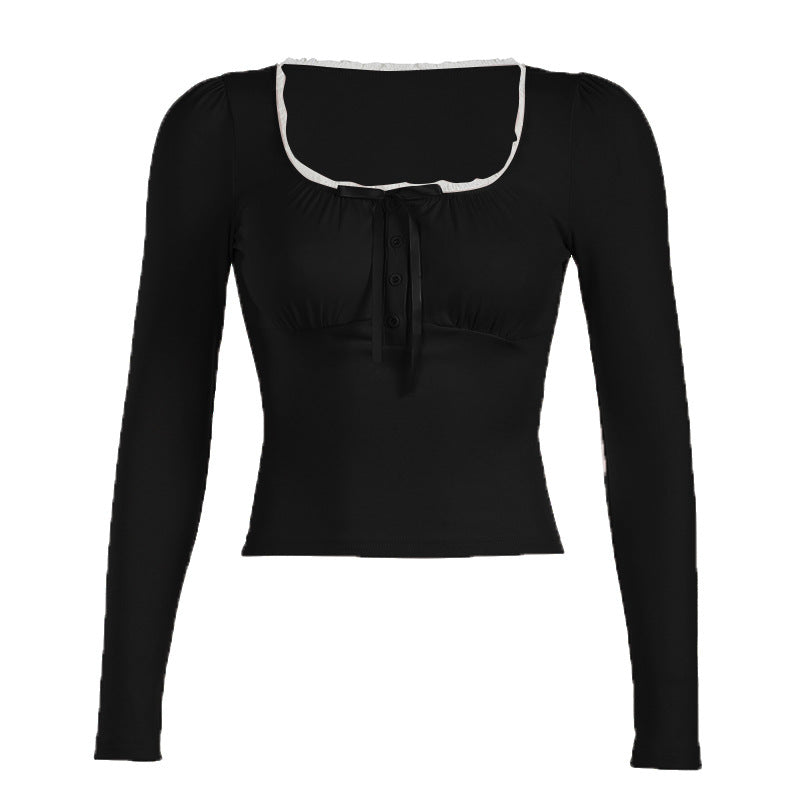 Stitching Breasted Square Collar Sweet Pleated Blouses