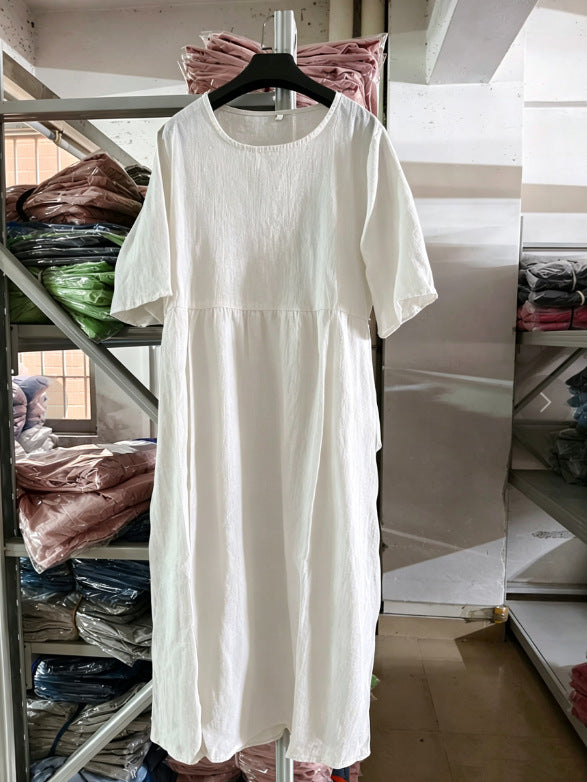Casual Sleeve Pocket Pleated Loose Round Dress