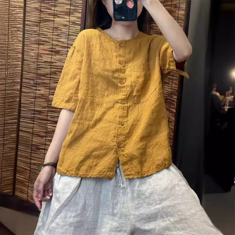 Women's Linen Sleeve Round Neck Shirt Summer Retro Art Loose-fitting Blouses