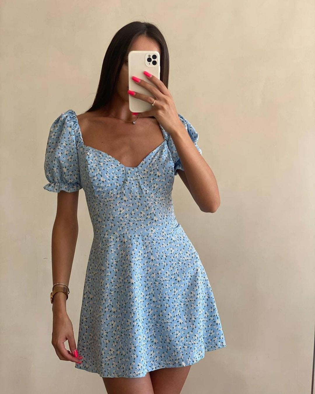 Women's Vintage Floral High Waist Puff Sleeve Dress