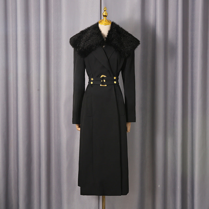 Women's French Style Temperament Fur Collar Black Coats