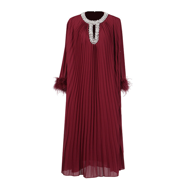Women's Dress Round Neck Rhinestone Ostrich Fur Sleeve Stitching Pleated Dresses