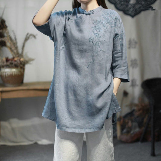 Women's Cotton Linen Tang Embroidered Tea Chinese Button Knots Blouses