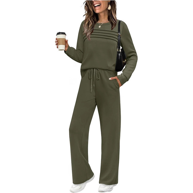 Women's Autumn Long Sleeve Round Neck Elastic Waist Trousers Fashion Casual Suit