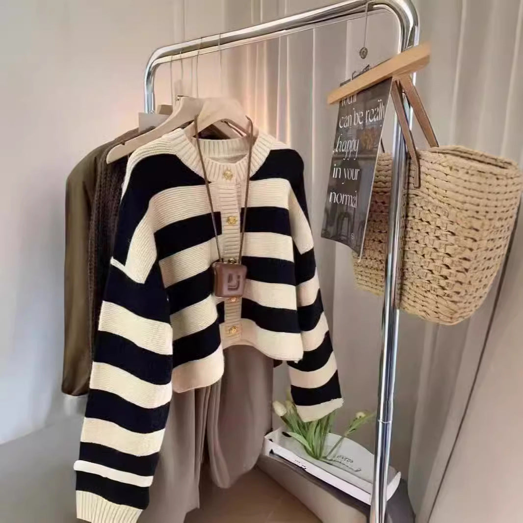 Women's Neck Striped Contrast Color Spring Loose Design Women's Sweater