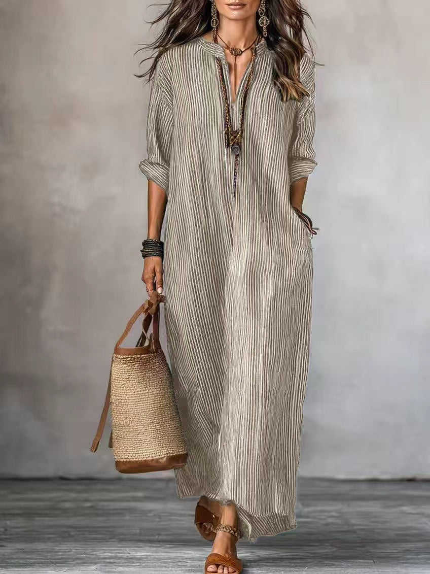 Women's Summer Fashion Sleeve Striped Design Solid Color Dress