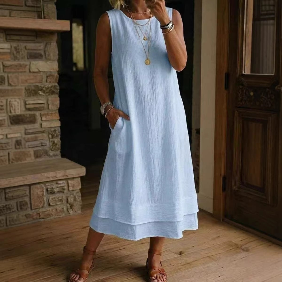 Fashion Casual Round Neck Pocket Long Solid Dress