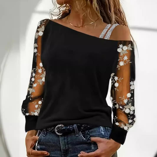 Diagonal Collar Gauzy Long Sleeve T-shirt Fashion Blouses