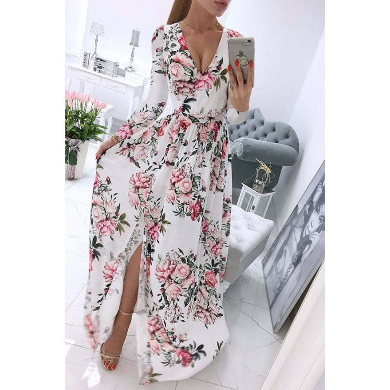 Women's Summer Long Sleeve Chiffon Printed Bohemian Dresses