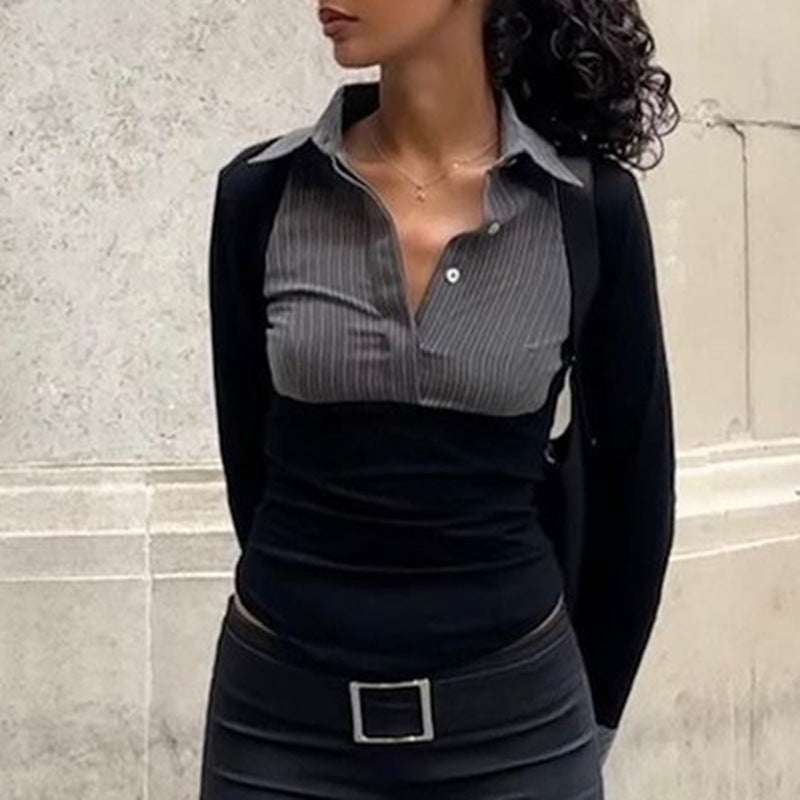 Women's Collar Elegant Striped Contrast Color Slim Blouses