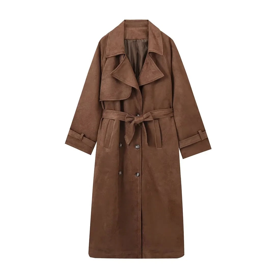Women's Khaki Double-breasted Lapel Artificial Leather Fur Jackets