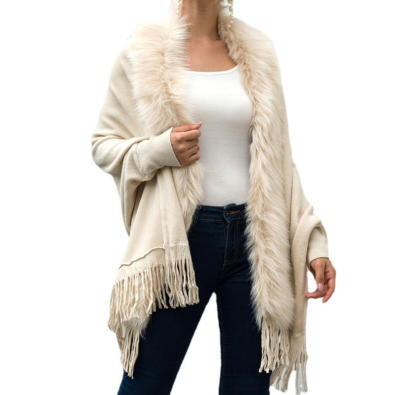 Cape Shawl Fur Collar Cloak Solid Knitwear