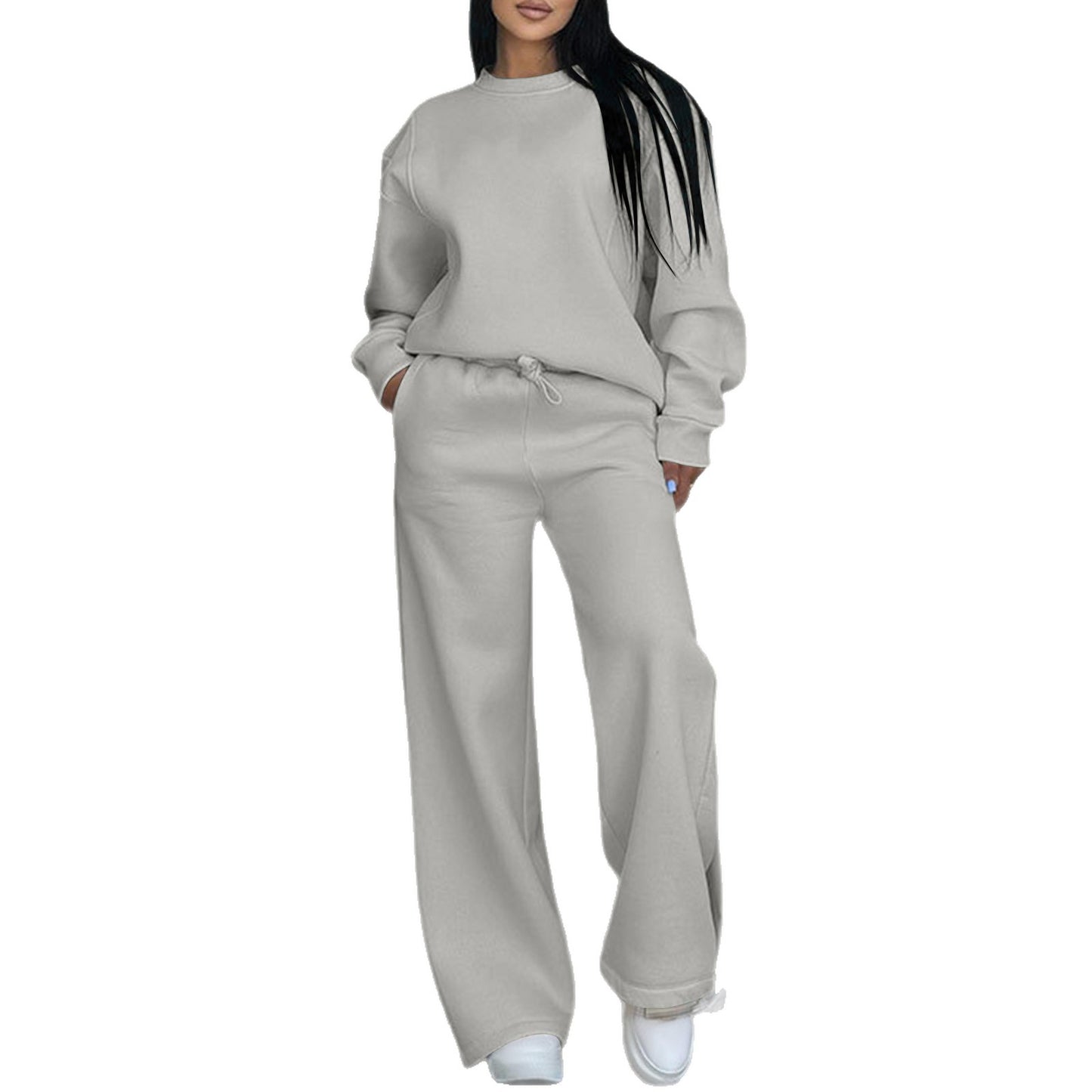 Women's Two-piece Set Long Sleeve Ribbed Patchwork Wide Leg Fashion Casual Suit