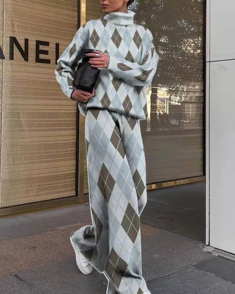 Women's Fashion Printed Loose High Collar Long-sleeved Suits