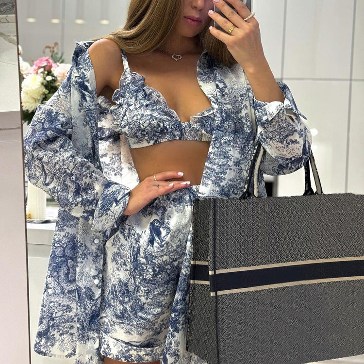 Women's Shirt Suspender National Style Ink Printing Fashion Suits