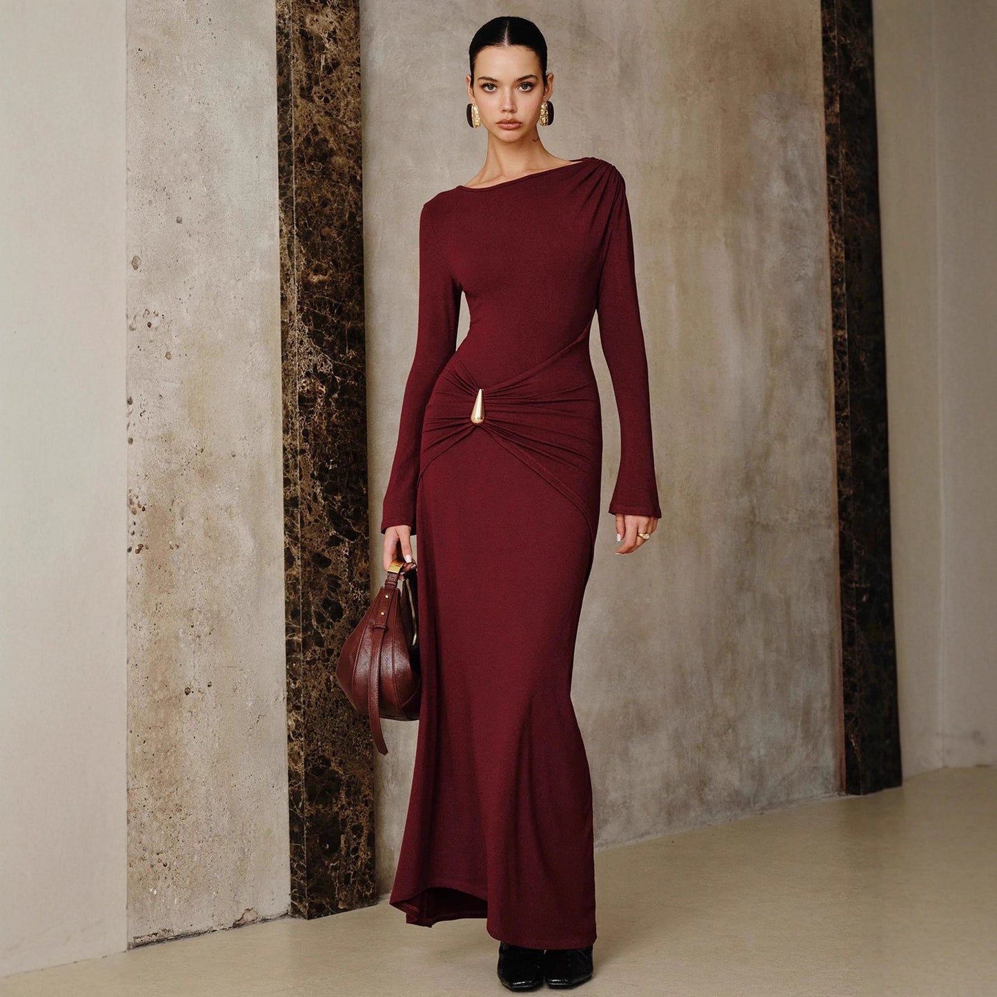 Women's Solid Color Round Neck Metal Decoration Temperament Long Dress
